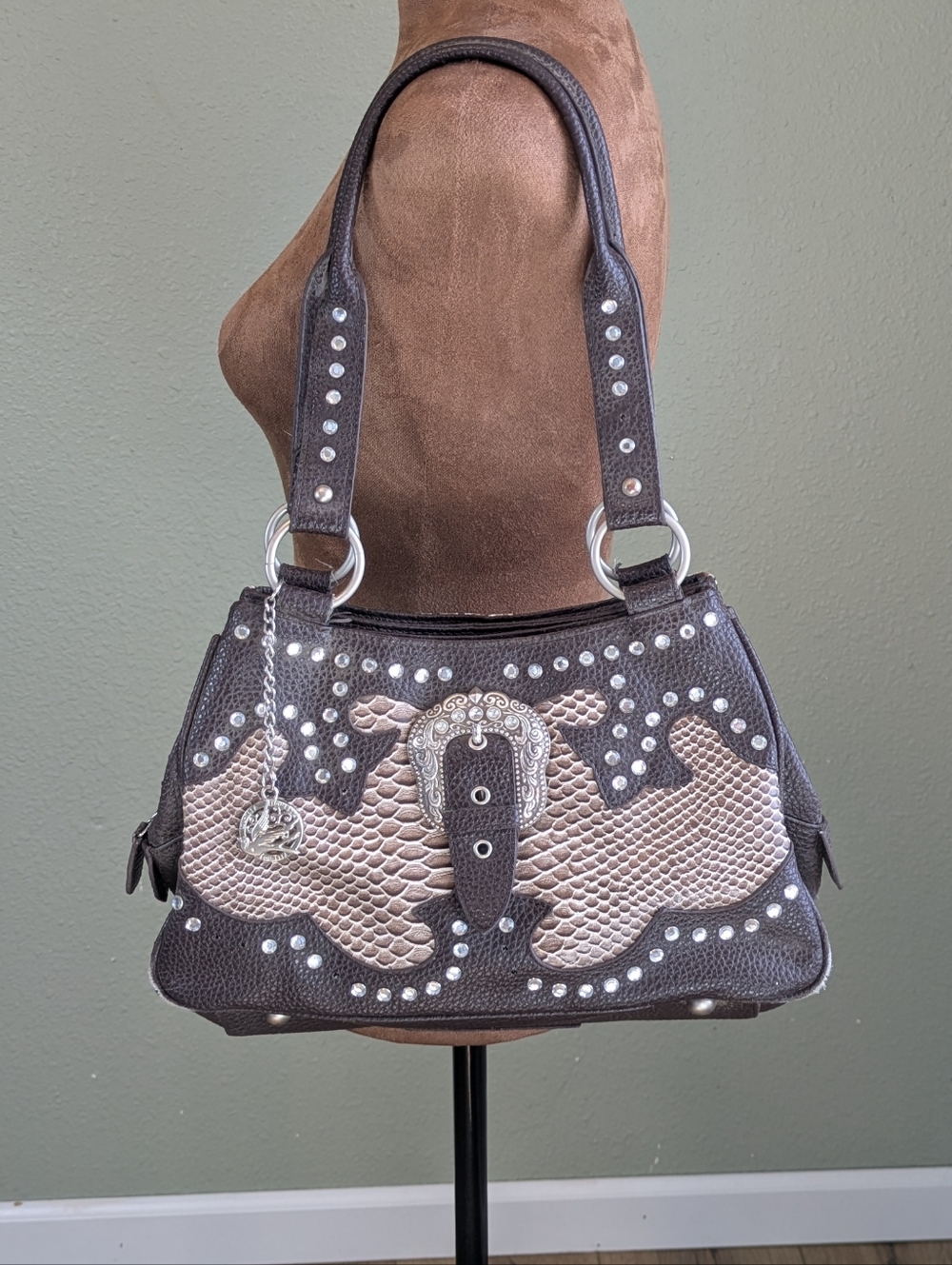 Lou-EllaBrown and Cream Studded Western Shoulder Handbag